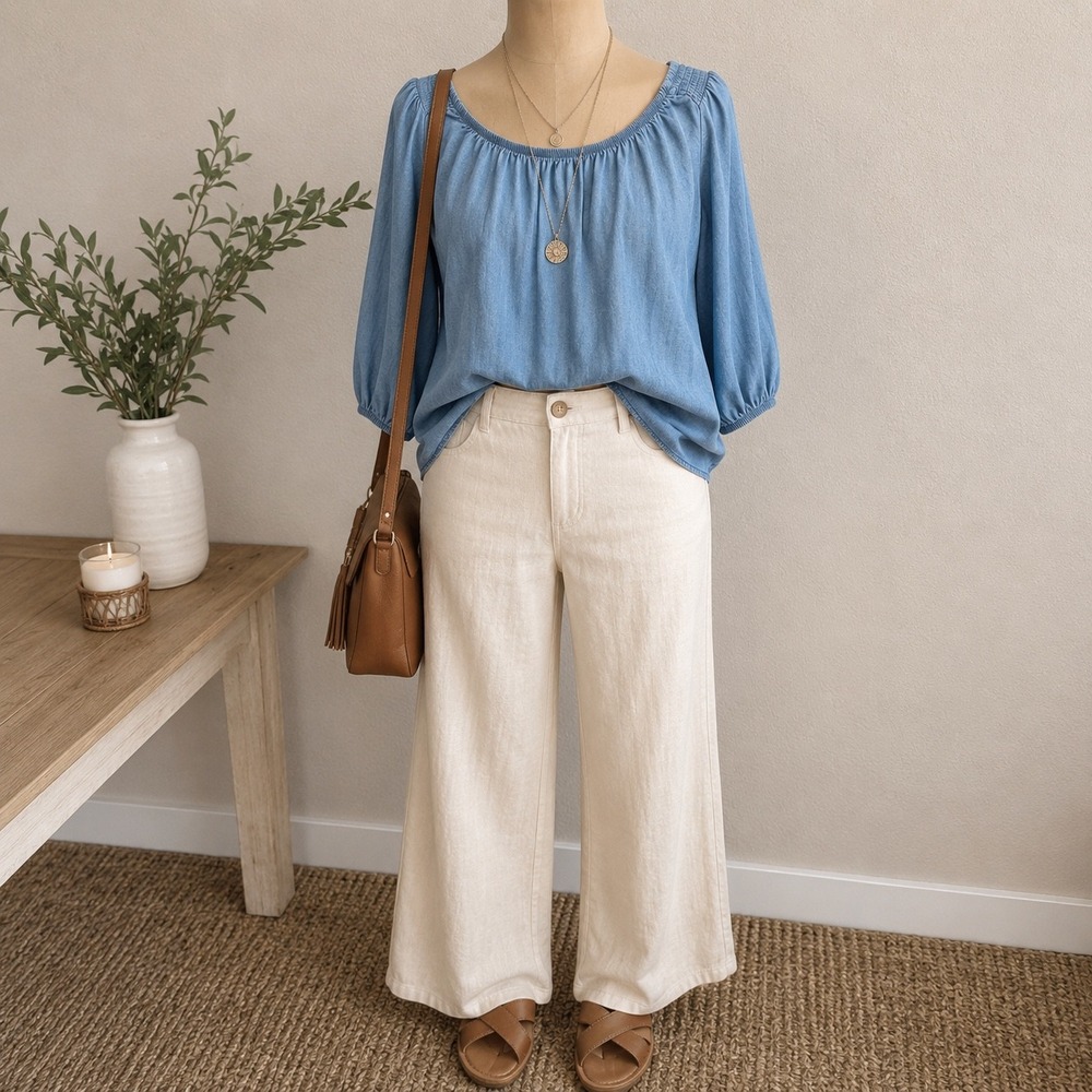 AUW Womens 2X Light Blue Chambray Smocked Scoop Neck 3/4 Sleeve Peasant Blouse